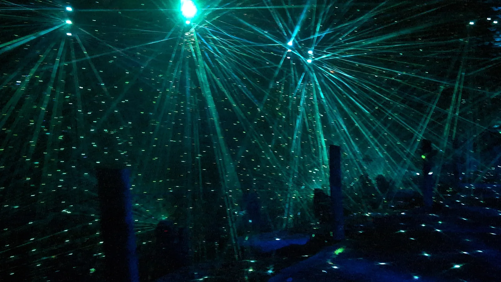 Green lasers filling the forest at Aquavia Lumina