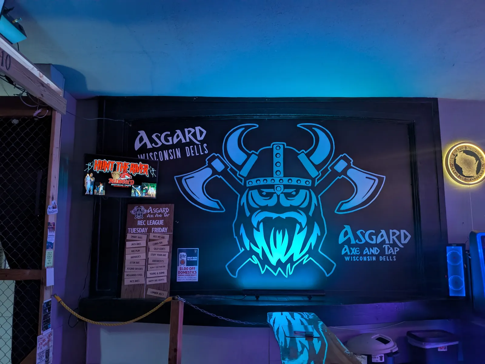 The glowing Viking sign at Asgard