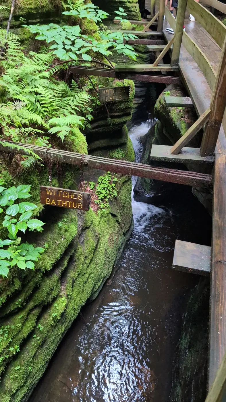 The wooden boardwalk over a small waterfall in Witches Gulch