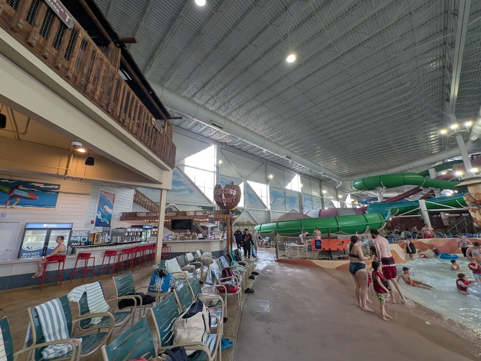 Poolside lounge chairs along the edge of Kalahari's indoor waterpark