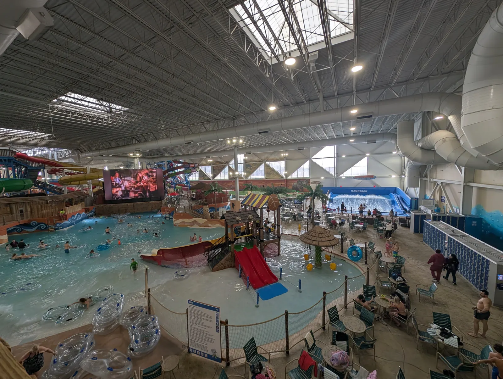 Slides, splash areas and the wave pool inside Kalahari's indoor waterpark