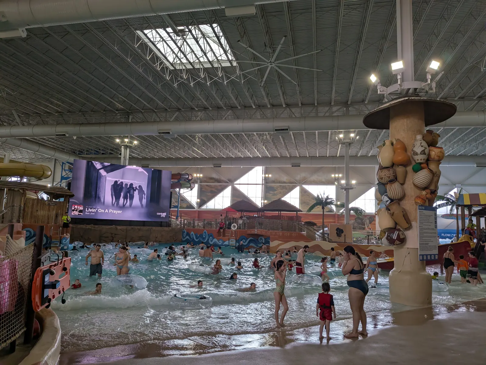 The indoor wave pool at Kalahari in Wisconsin Dells, with a big screen above the water