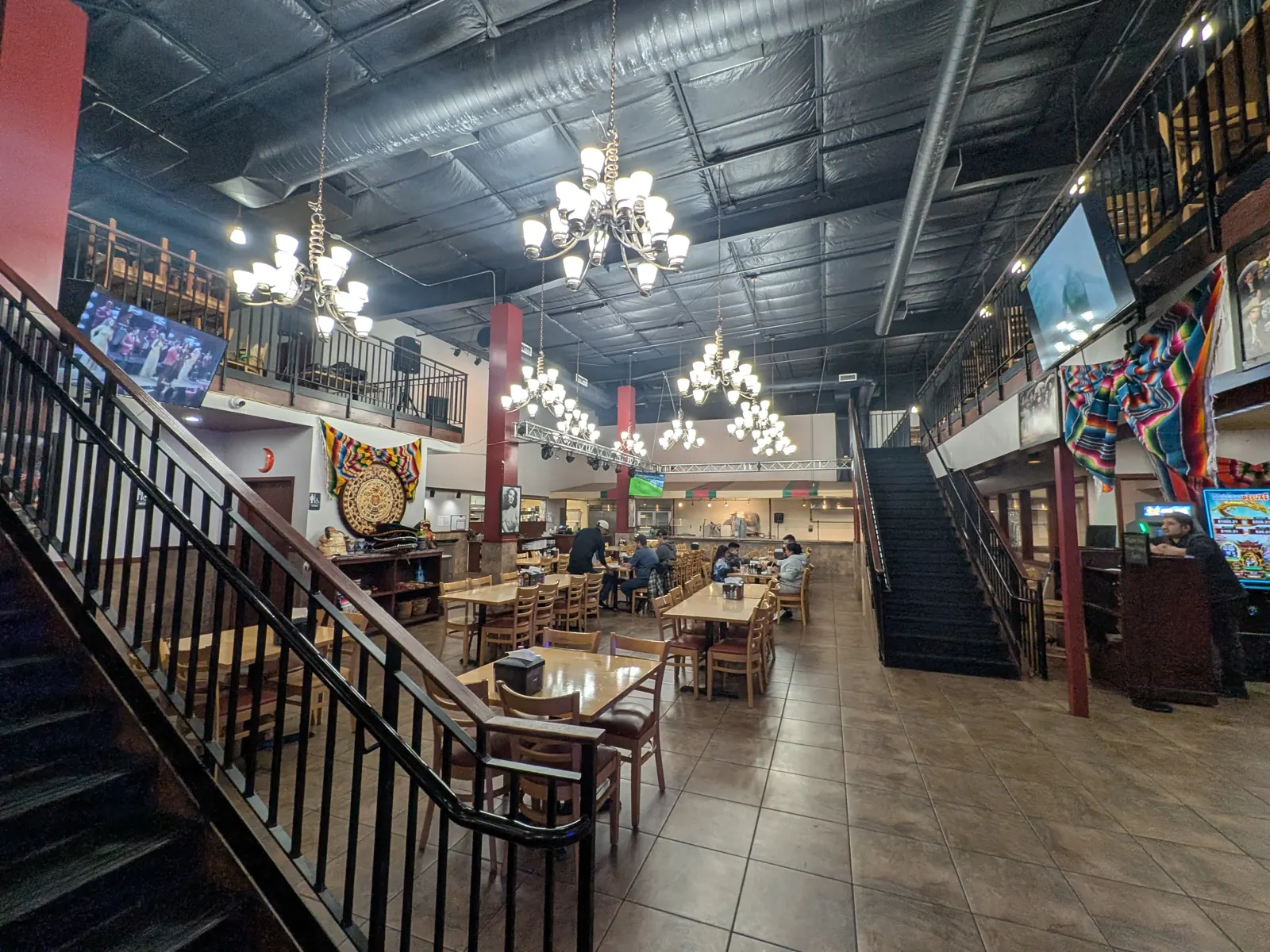 MarAzul's two-level dining room with chandeliers
