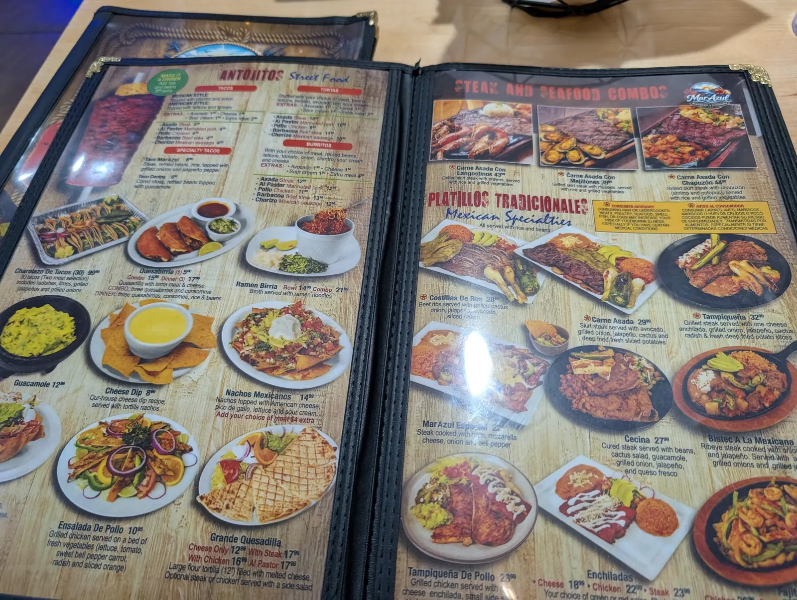 MarAzul menu pages with steak and seafood combos and traditional plates