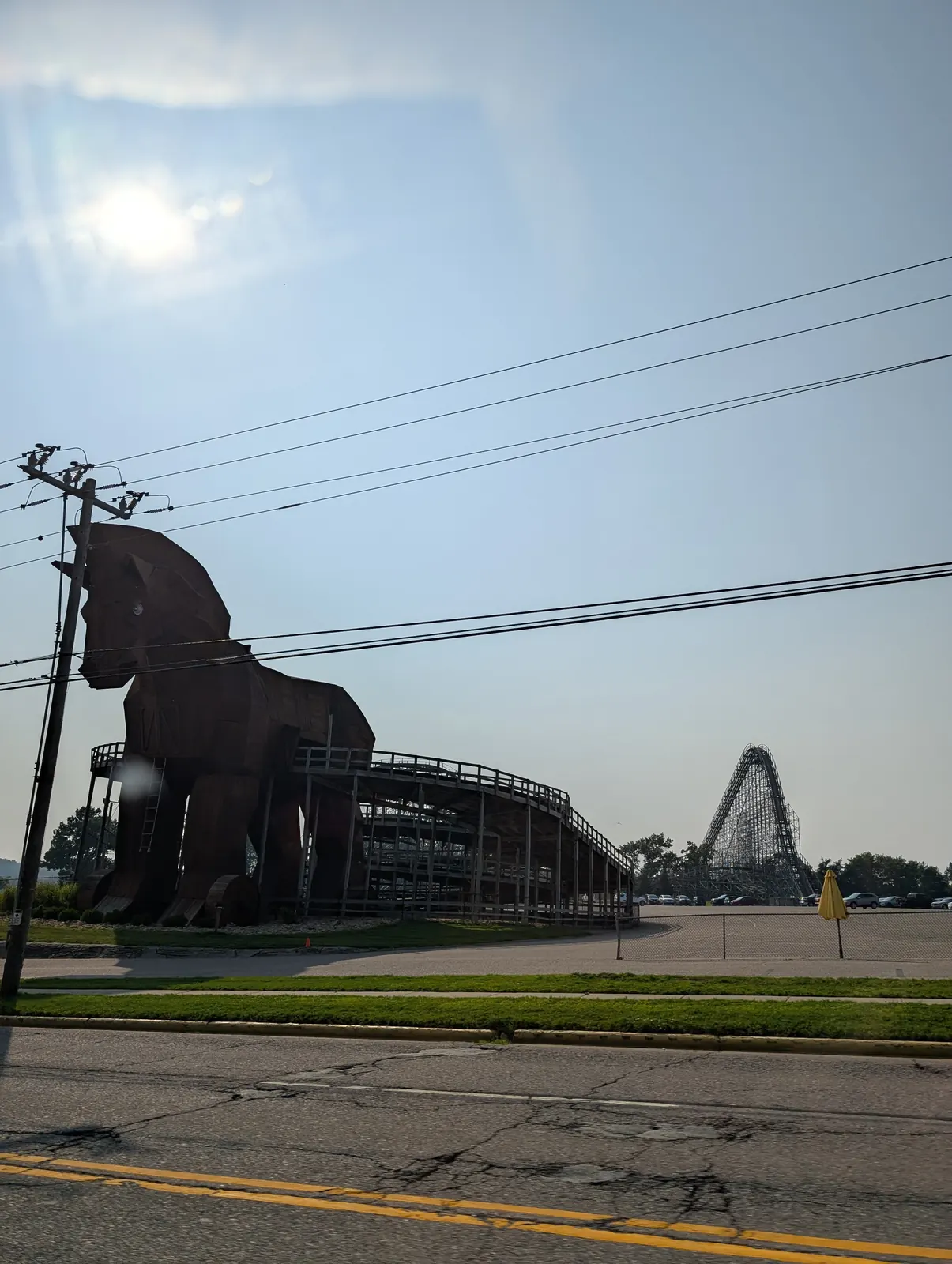 The Trojan horse go-kart track and a wooden coaster at Mt. Olympus