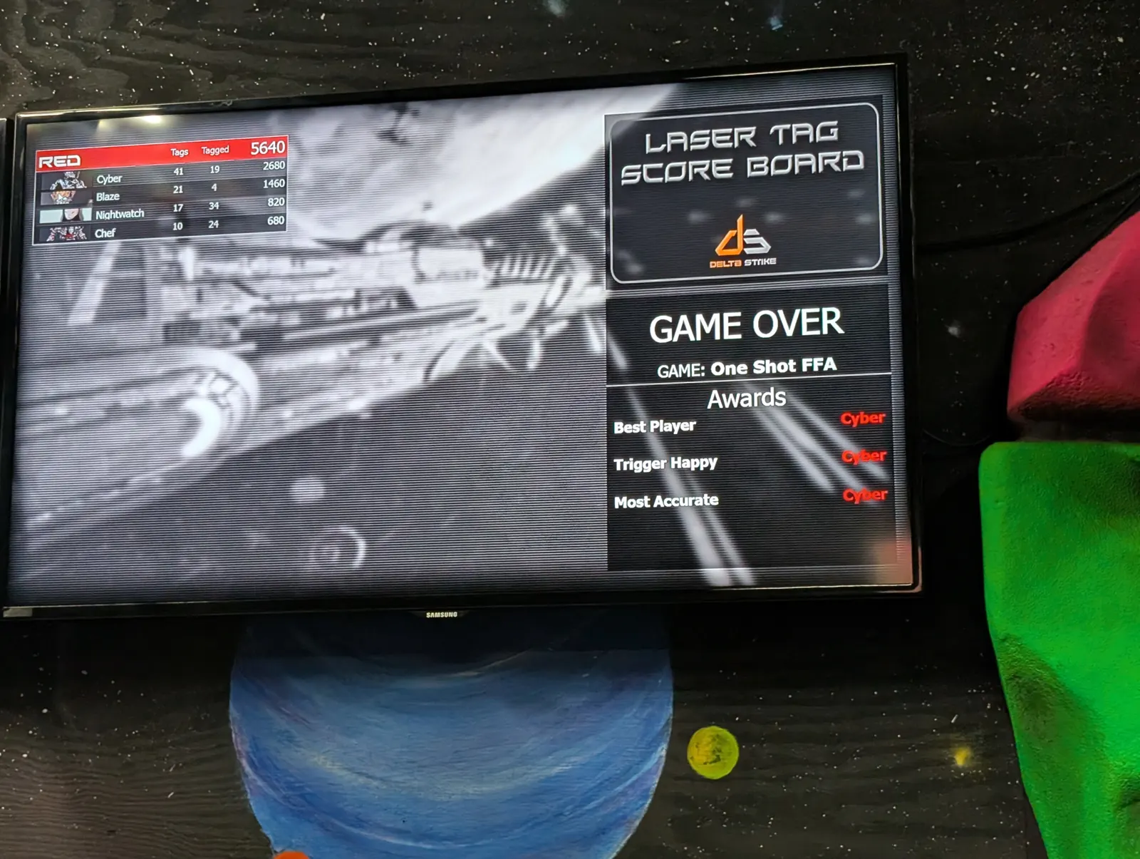 The laser tag scoreboard after a game at Tom Foolery's