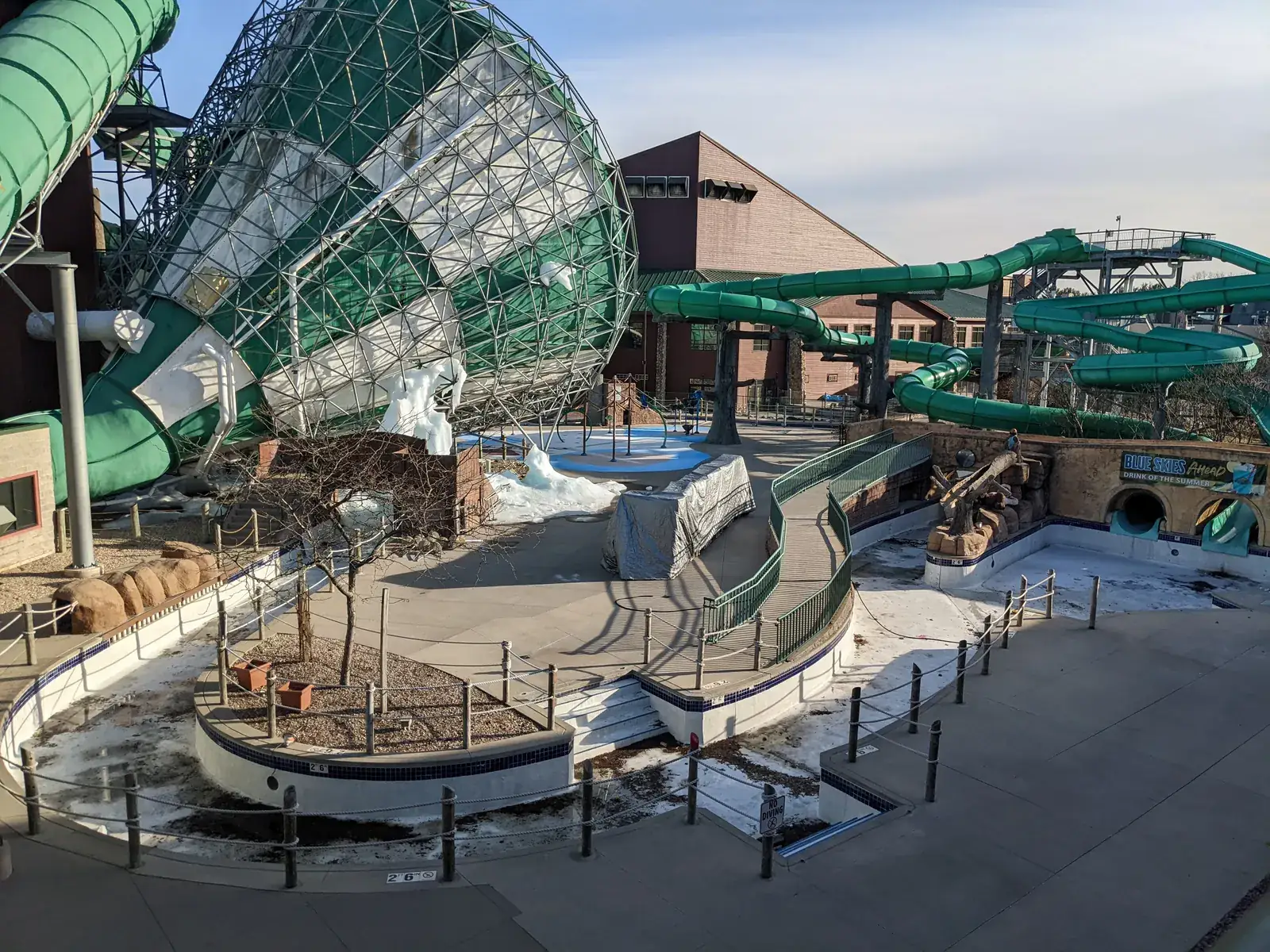 The outdoor waterpark slides at Wilderness in March, closed for the season